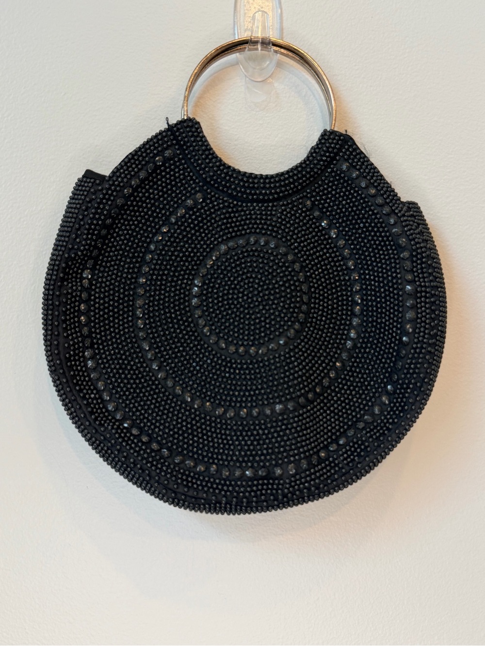 Vintage 1960 Beaded Circle with Metal Ring Handle Evening Bag